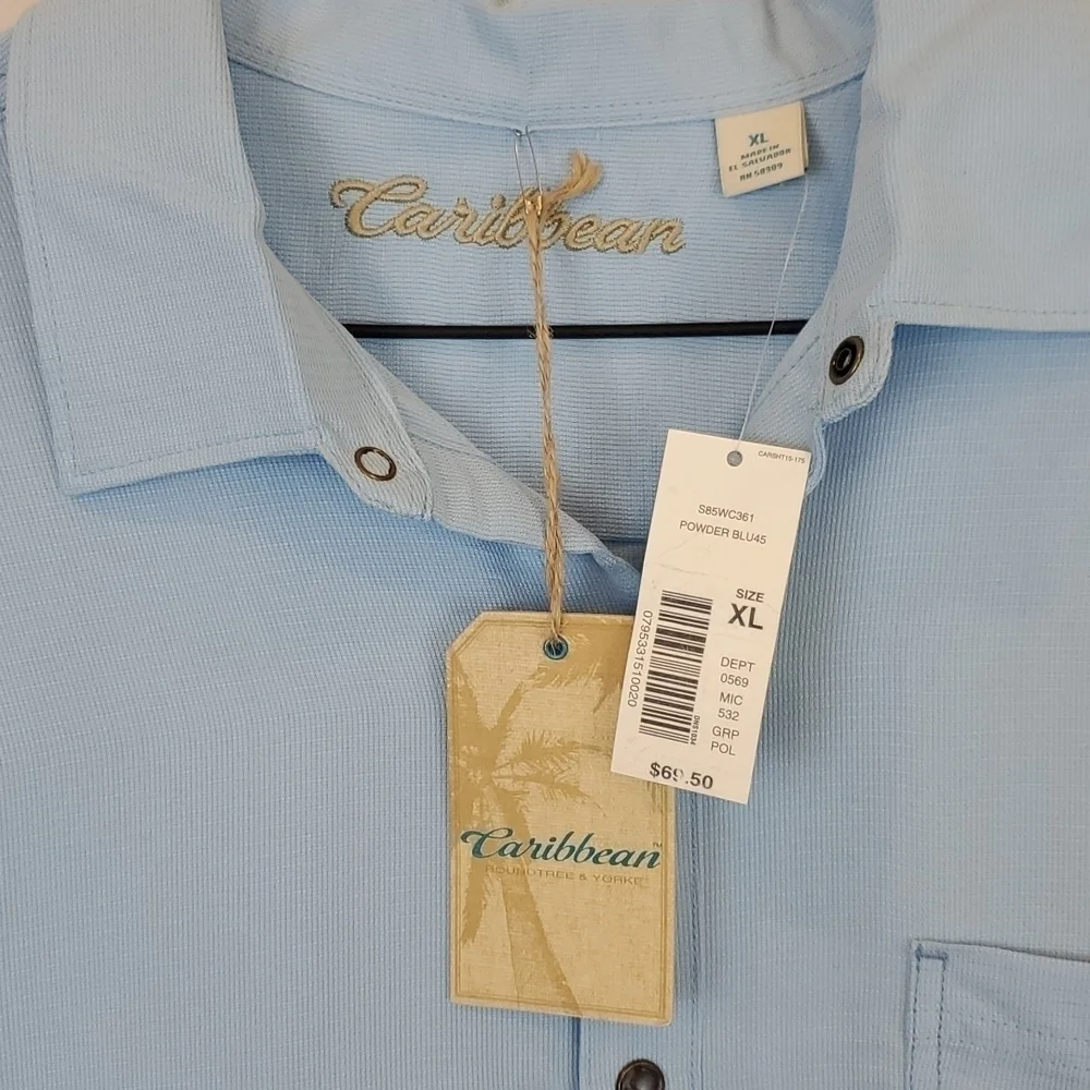 NWT Roundtree & Yorke Caribbean Powder Blue Pearl Snap Short Sleeve Shirt - XL - Picture 2 of 5